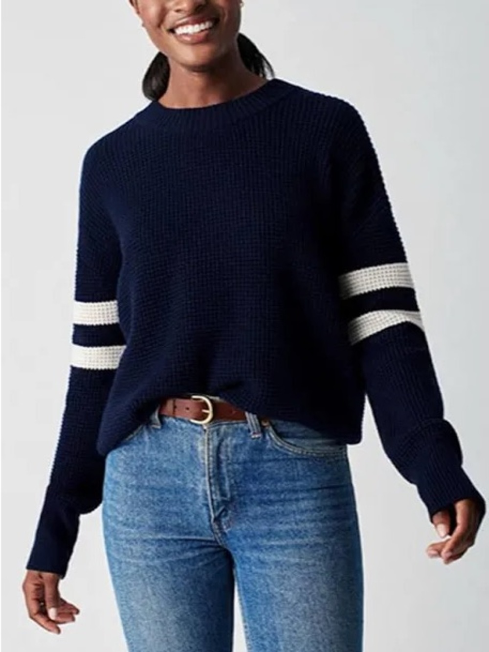 Faherty Women’s Navy Mikki Waffle Knit Varsity Stripe Sweater
